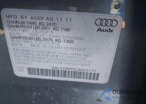 2012 Audi Q5 2.0T Premium из США, поврежденный, VIN WA1LFAFP2CA063177